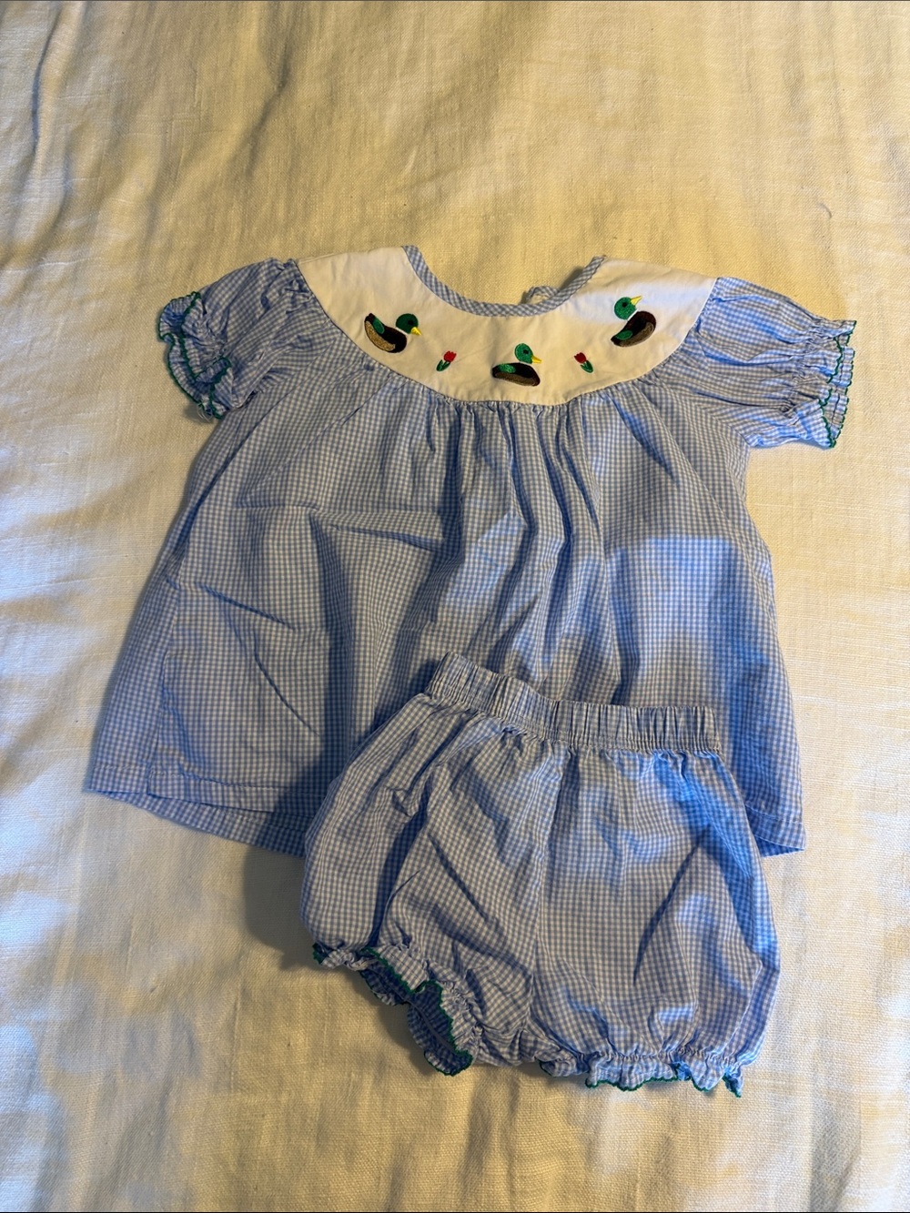 Light Blue Gingham Duck-Embroidered Baby Diaper Cover Set